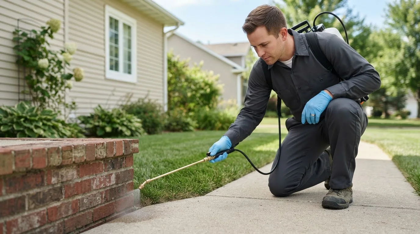 Pest control technician treating a home near Soldotna, AK